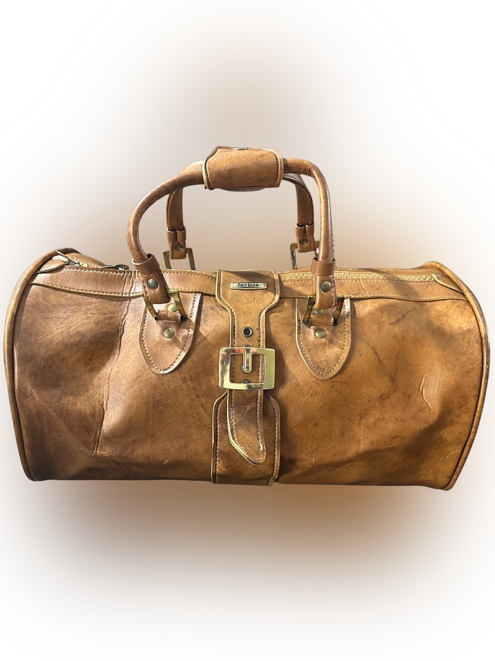 Invicta Vintage Brown Leather Duffel Bag with Brass Hardware Weekender Italy